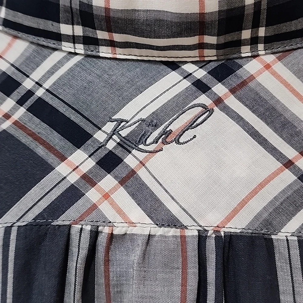 Kuhl Women’s Plaid Lexi Long Sleeve Shirt in Gray/White/Orange Tencel Size Med